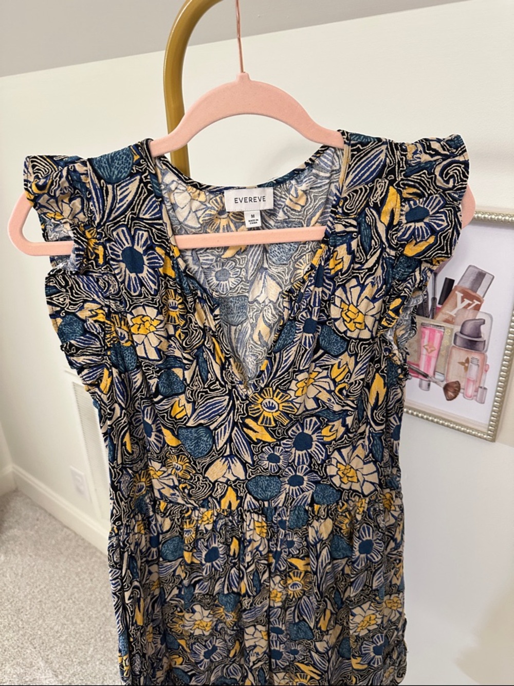 Evereve Navy Floral V-Neck Mini Dress with Mustard Accents - Picture 3 of 8